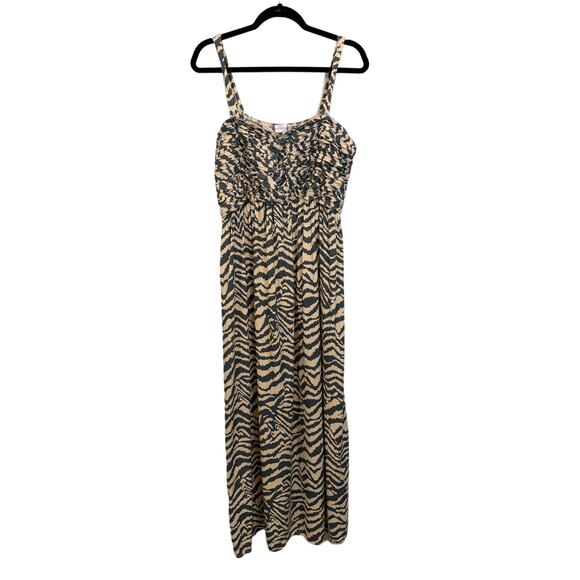 Soft Surroundings Maxi Dress L Zebra Print Smocked Knot Pleated Sleeveless Tan - Picture 1 of 10